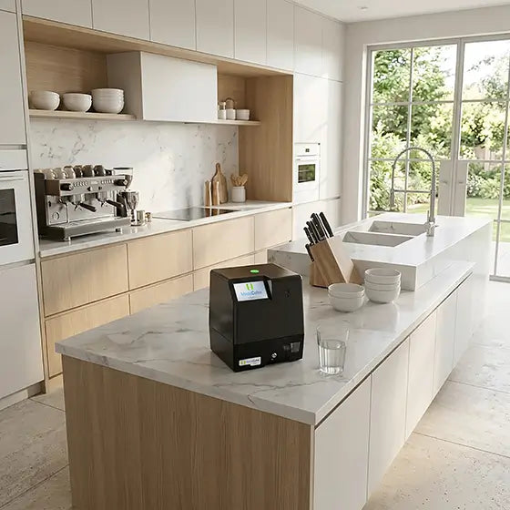MedaCube Device On A Kitchen Table With A Glass Of Water Next To It