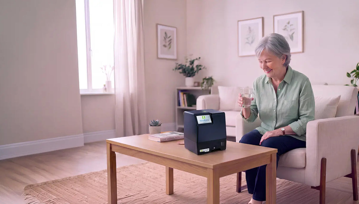 Senior Woman Drinking glass of water after taking a medication with her MedaCube Automatic Pill Dispenser standing on the table