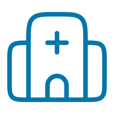 A blue outline icon of a building with a cross on the front, resembling a clinic or small hospital, centered on a transparent background.