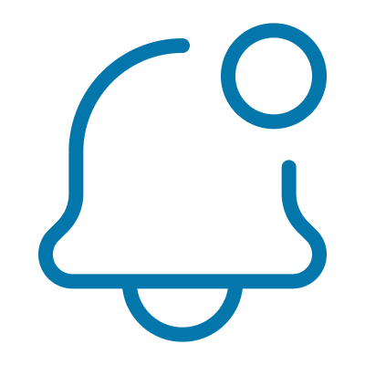 A blue outline icon of a bell with a circular badge above it, shown on a transparent background.