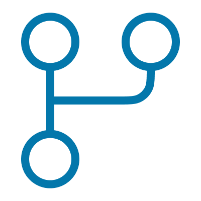 A blue minimalist network or flowchart icon with three circular nodes connected by lines, centered on a transparent background.