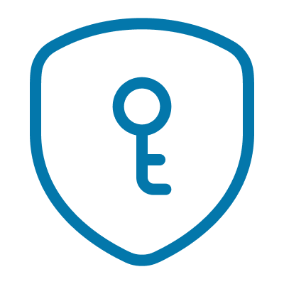 A blue outline icon of a shield containing a key, centered on a transparent background.