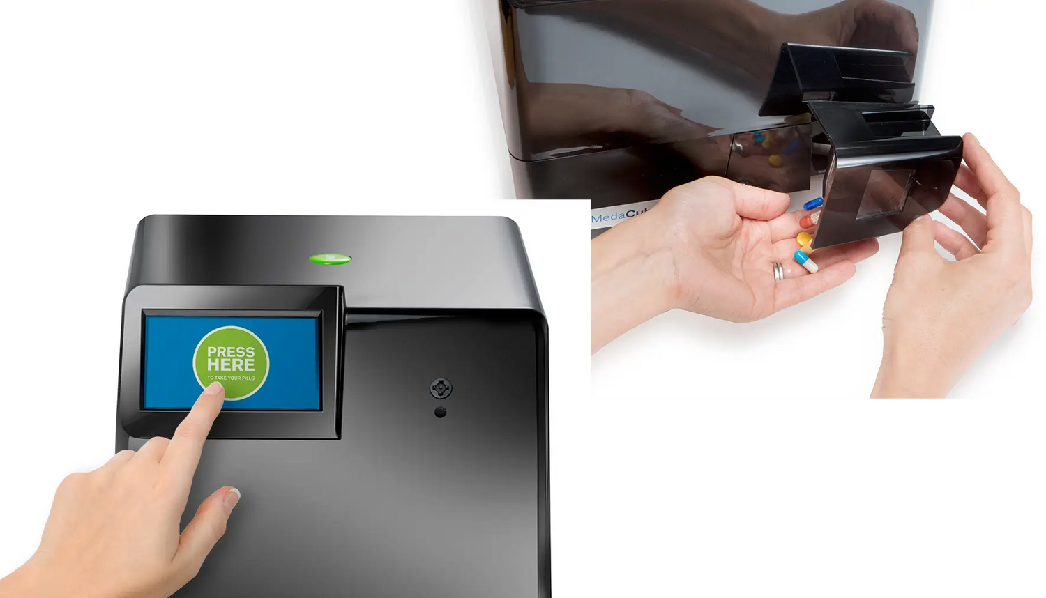 A black MedaCube Automatic Pill Dispenser shown on a white background, with a close-up of a finger pressing a blue screen labeled 'PRESS HERE' and a smaller inset showing hands opening a transparent cover to release capsules.