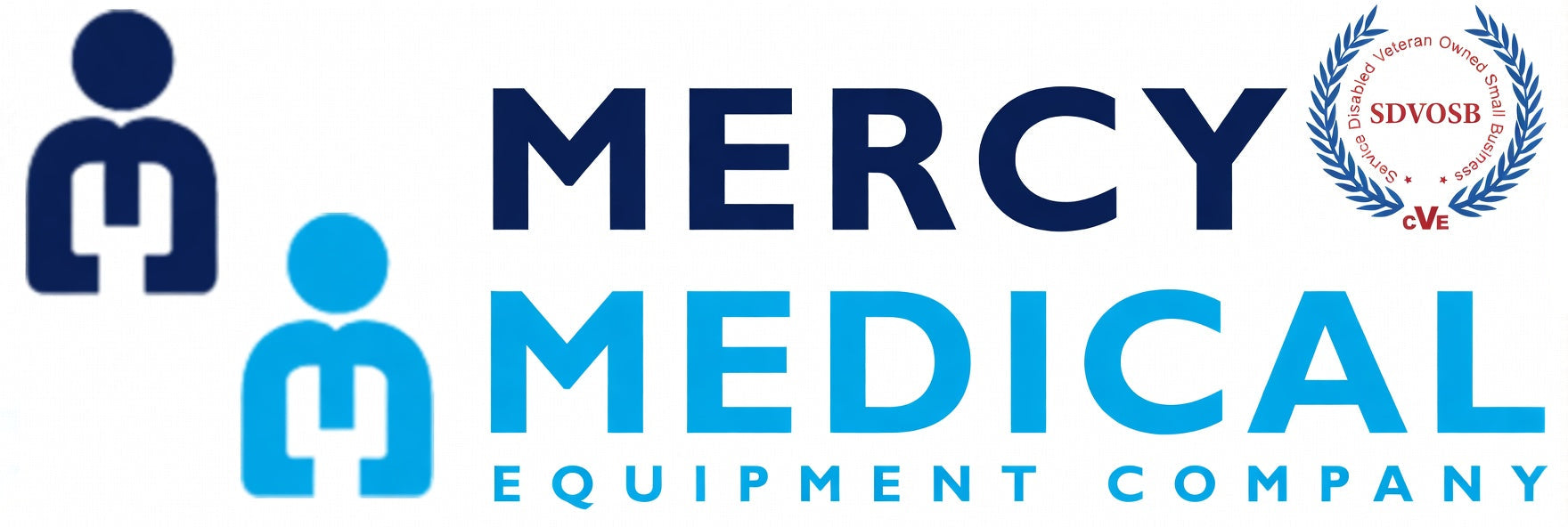 Logo of Mercy Medical Equipment Company with two blue human figures and a certification badge.