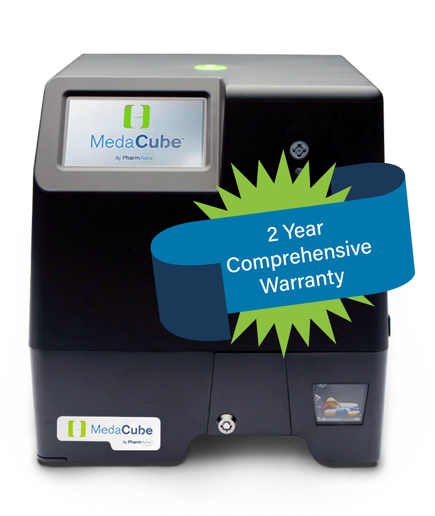 MedaCube device showcasing its optional  2-Year Comprehensive Warranty with prominent blue warranty banner.