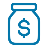 A blue outline icon of a jar with a dollar sign on a transparent background.